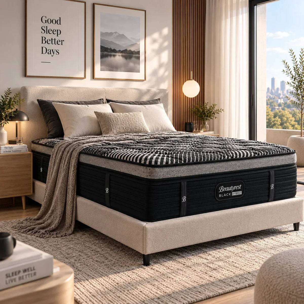 מזרן Beautyrest Black Hybrid של Simmons על מיטה מרופדת בחדר שינה מואר