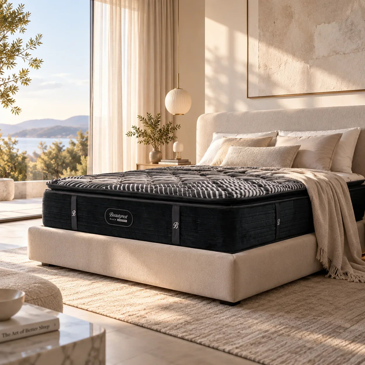 מזרן Beautyrest Black של Simmons בחדר שינה מואר באור בוקר