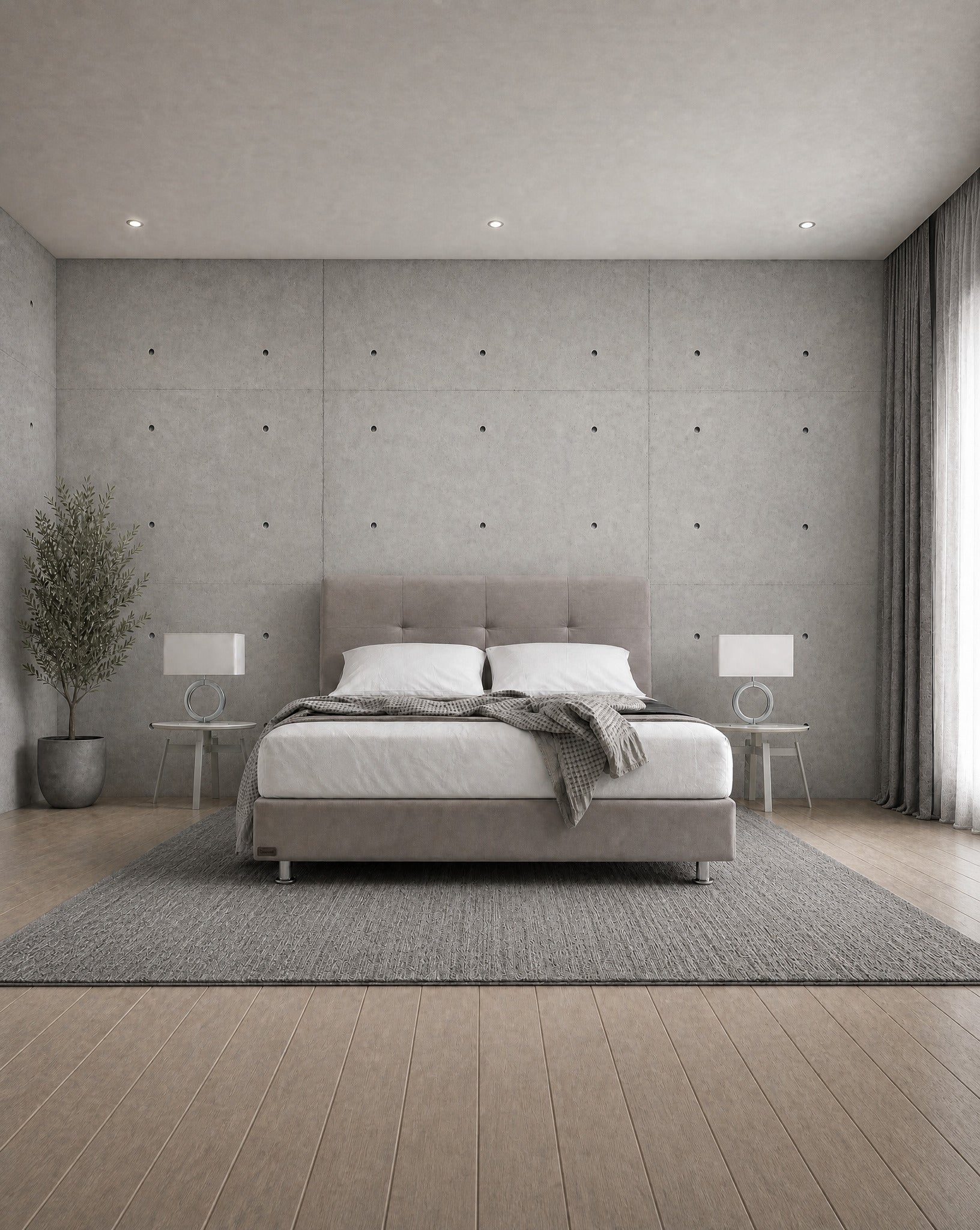מיטה זוגית Bed 2000 בריפוד אפור בהיר בחדר שינה