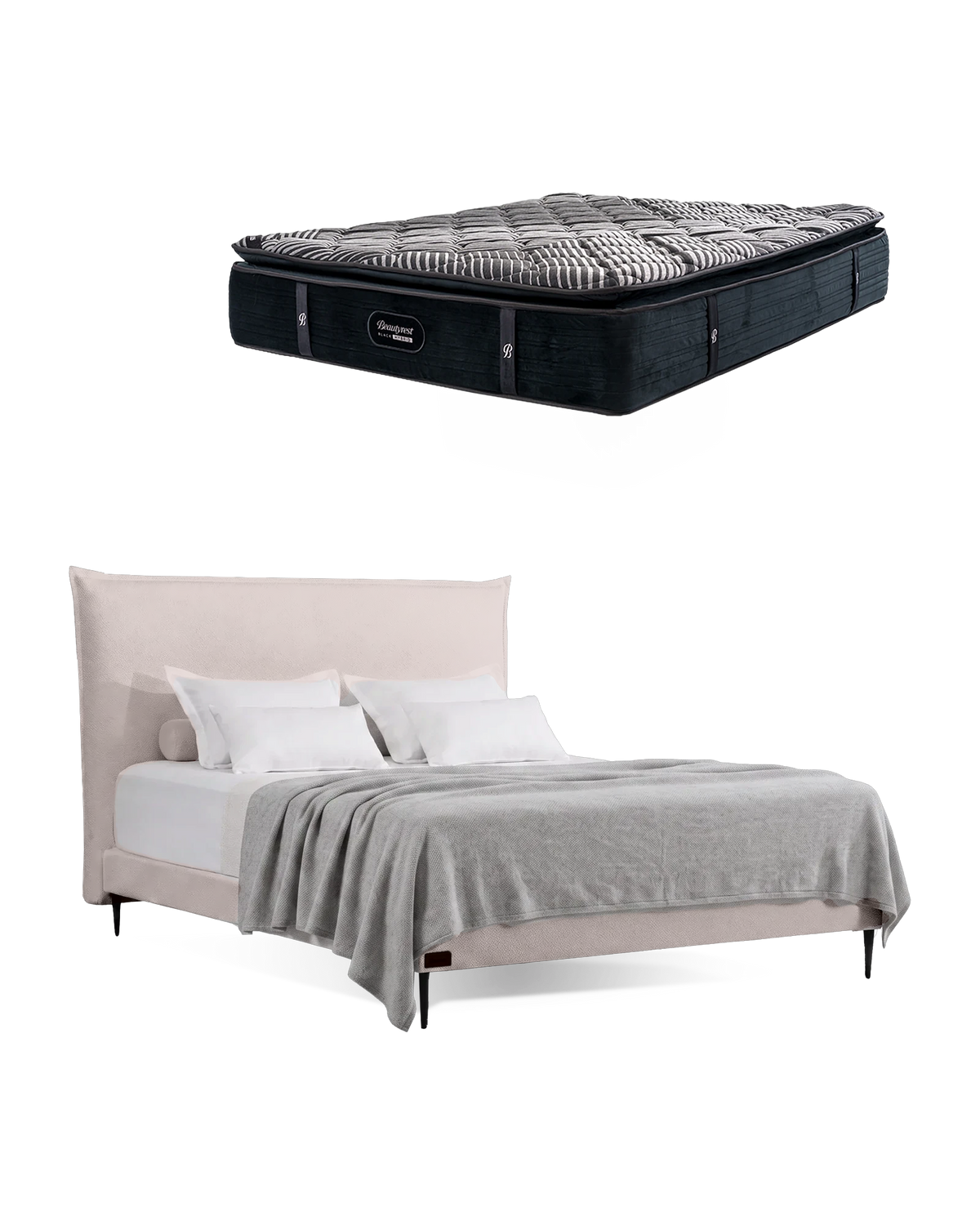 חבילת שינה מיטה זוגית Bed 1000 בריפוד שמנת עם מזרן Black Hybrid, המזרן מוצג מעל מסגרת המיטה