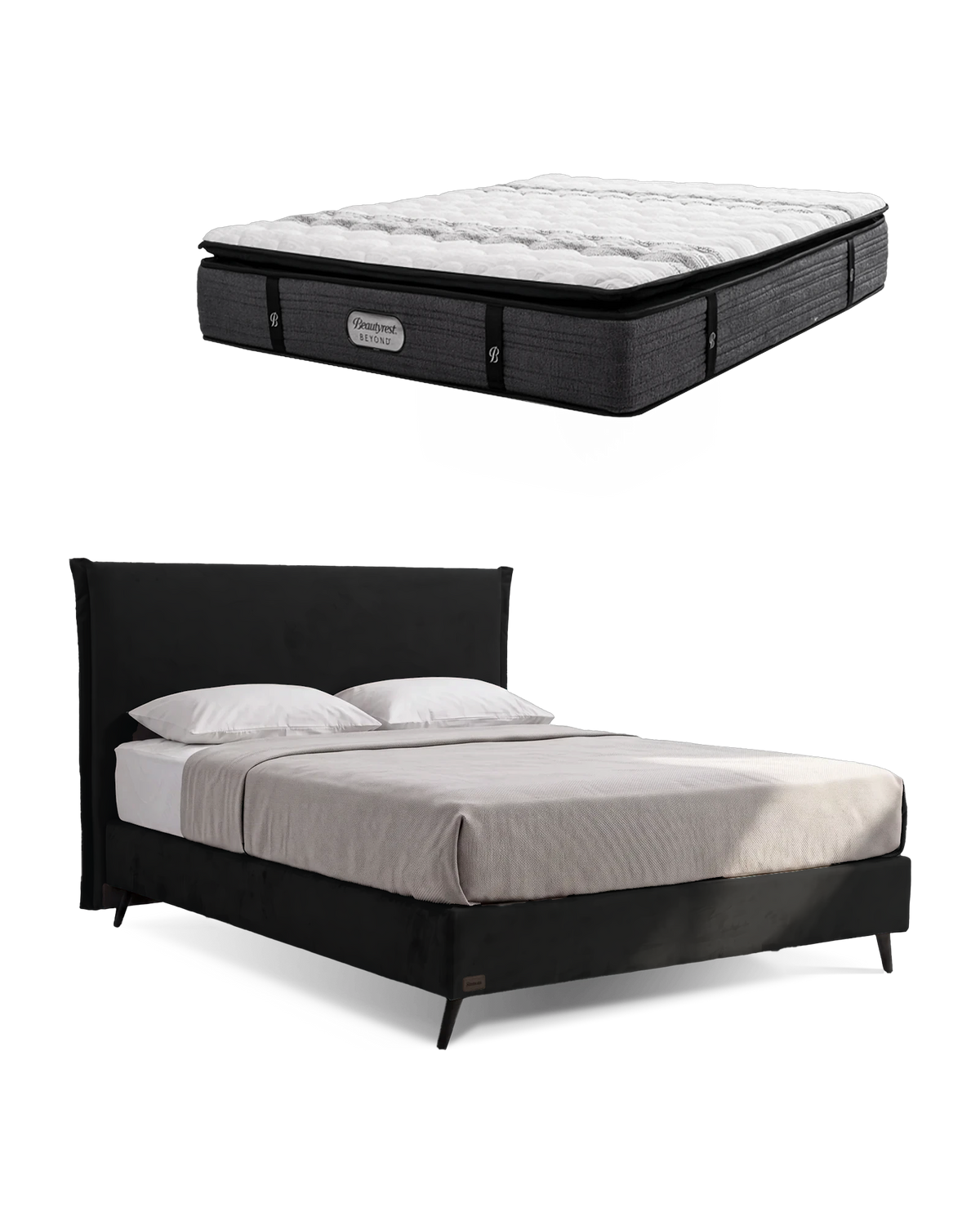 חבילת שינה מיטה זוגית Bed 1500 בריפוד שחור עם מזרן Beyond, המזרן מוצג מעל מסגרת המיטה