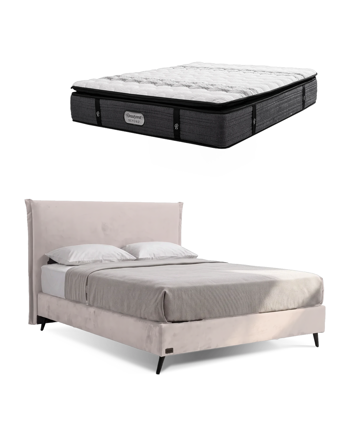 חבילת שינה מיטה זוגית Bed 1500 בריפוד שמנת עם מזרן Beyond, המזרן מוצג מעל מסגרת המיטה