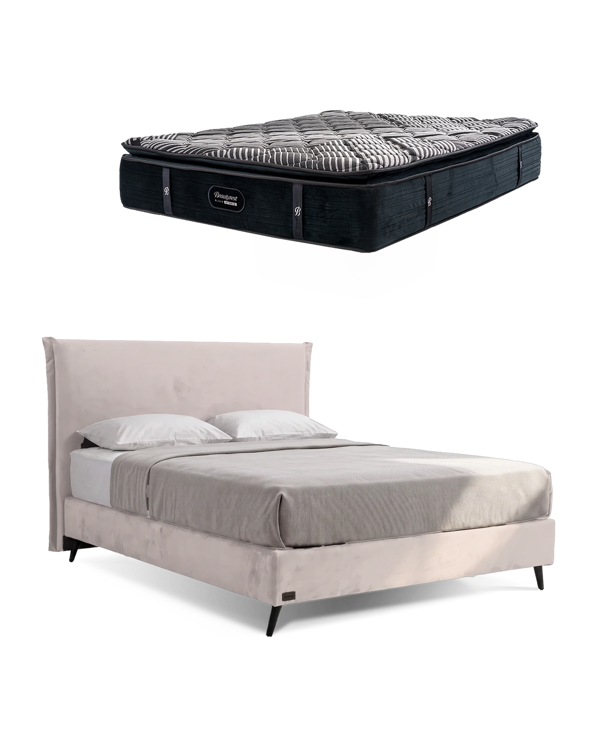 חבילת שינה מיטה זוגית Bed 1500 בריפוד שמנת עם מזרן Black Hybrid, המזרן מוצג מעל מסגרת המיטה