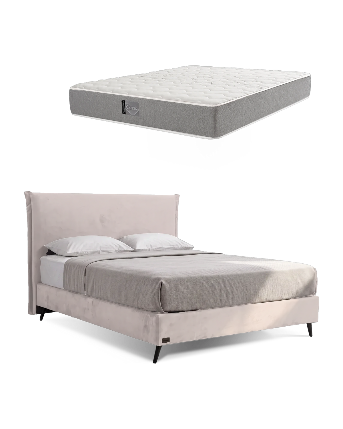חבילת שינה מיטה זוגית Bed 1500 בריפוד שמנת עם מזרן Classic, המזרן מוצג מעל מסגרת המיטה