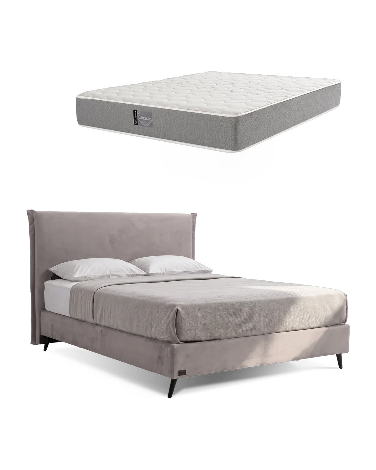 חבילת שינה מיטה זוגית Bed 1500 בריפוד אפור בהיר עם מזרן Classic, המזרן מוצג מעל מסגרת המיטה