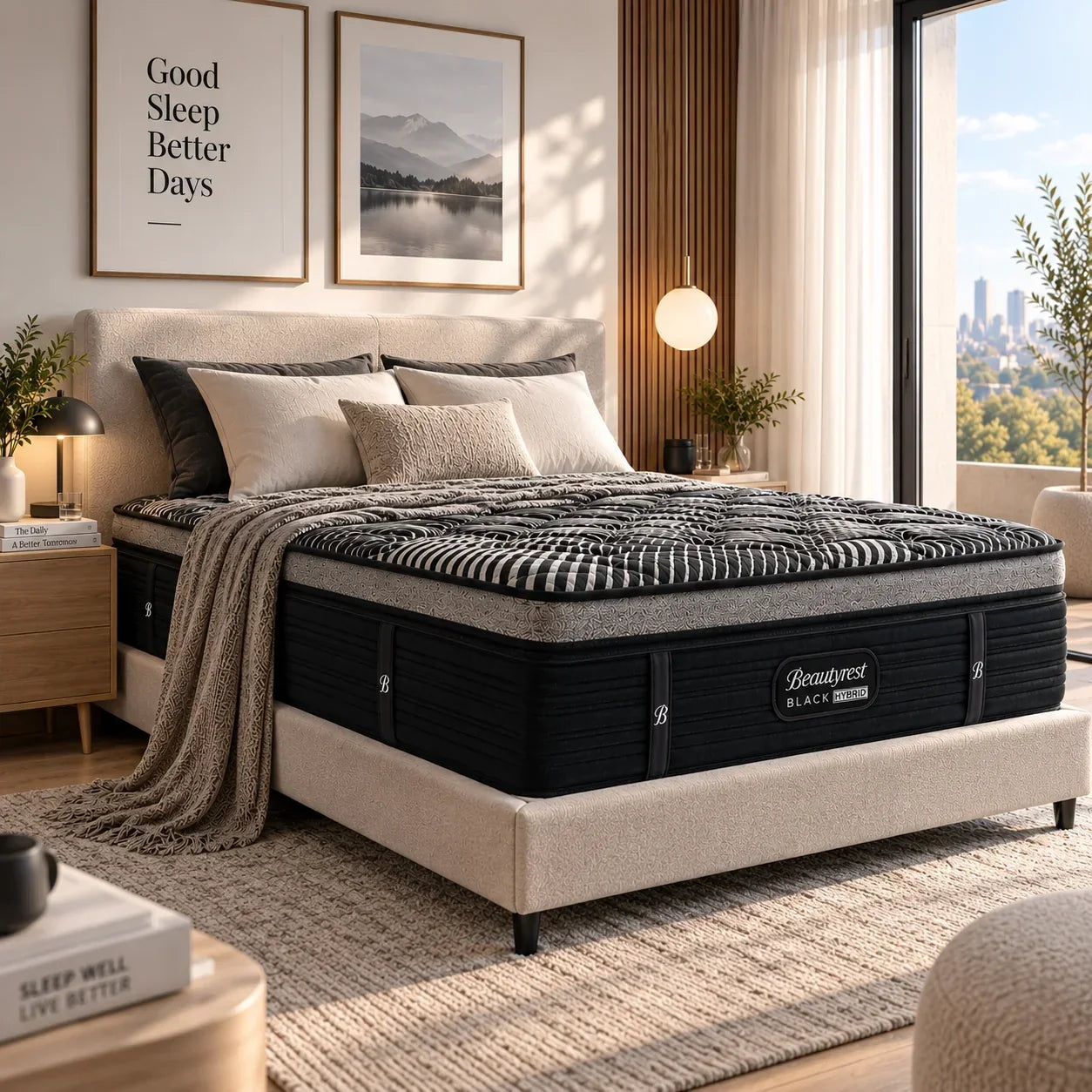 מזרן Beautyrest Black Hybrid של Simmons על מיטה מרופדת בחדר שינה מואר