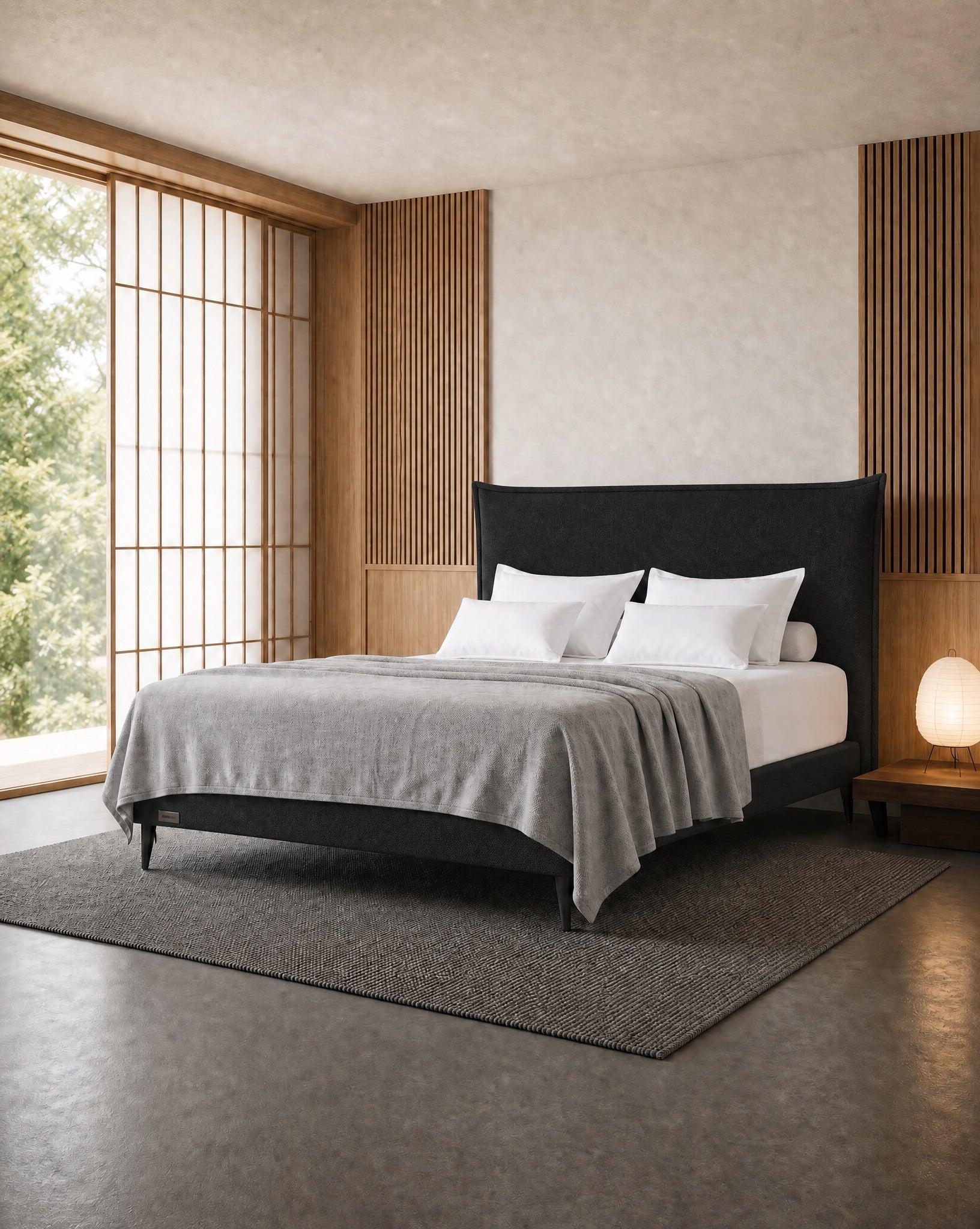 מיטה זוגית Bed 1000 בריפוד שחור בחדר שינה