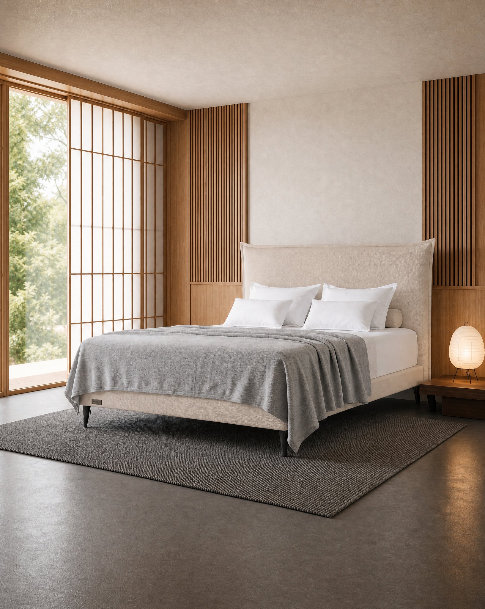 מיטה זוגית Bed 1000 בריפוד שמנת בחדר שינה בסגנון יפנדי