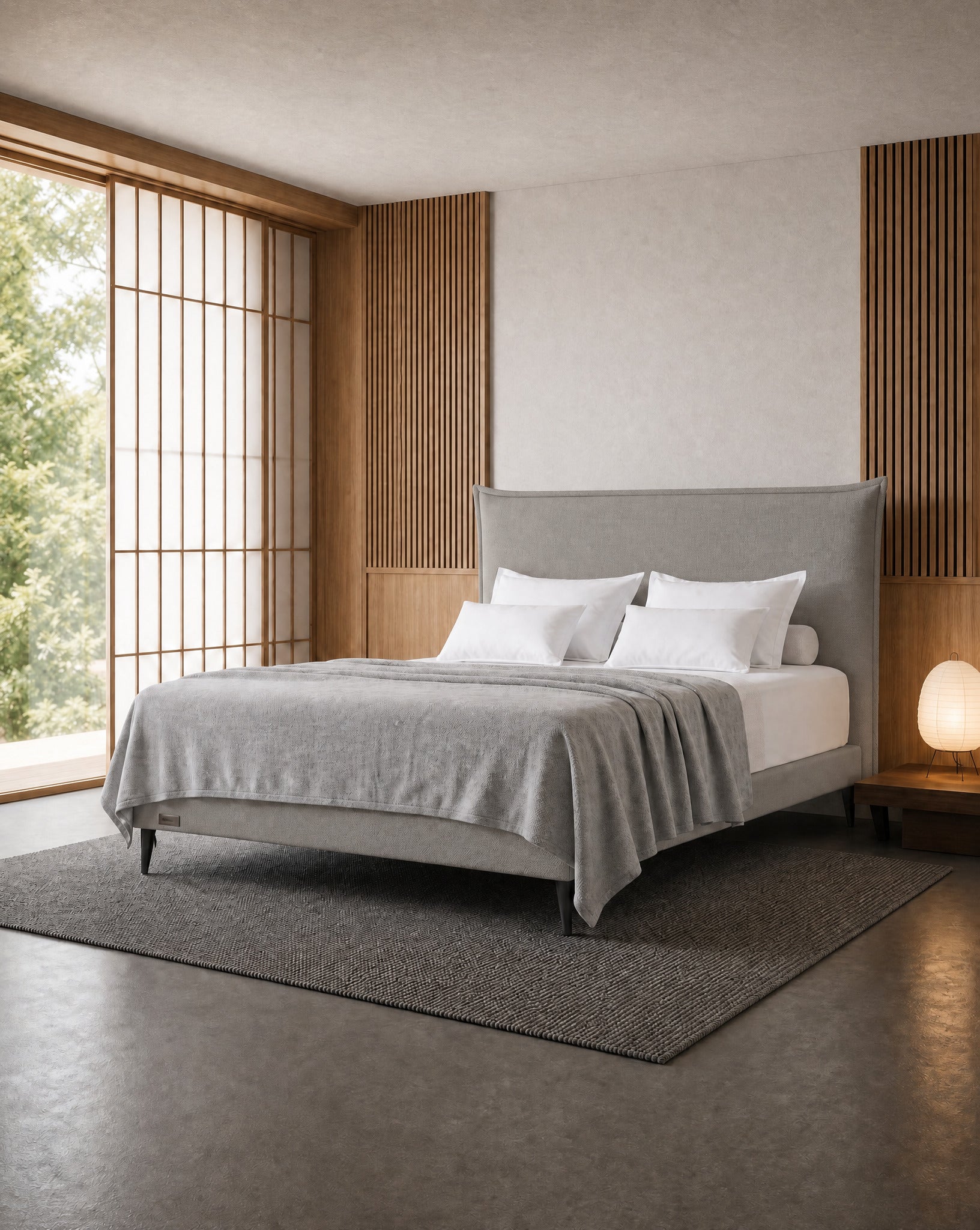 מיטה זוגית Bed 1000 בריפוד אפור בהיר בחדר שינה בסגנון יפנדי