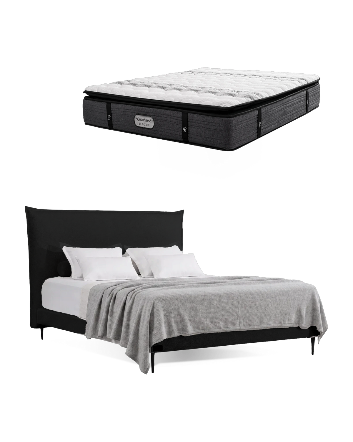 חבילת שינה מיטה זוגית Bed 1000 בריפוד שחור עם מזרן Beyond, המזרן מוצג מעל מסגרת המיטה