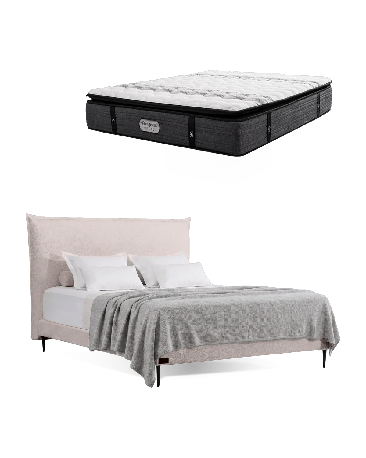 חבילת שינה מיטה זוגית Bed 1000 בריפוד שמנת עם מזרן Beyond, המזרן מוצג מעל מסגרת המיטה