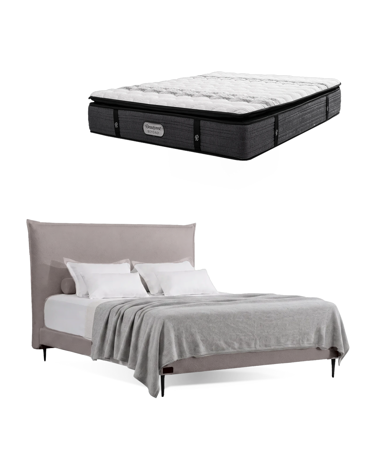 חבילת שינה מיטה זוגית Bed 1000 בריפוד אפור בהיר עם מזרן Beyond, המזרן מוצג מעל מסגרת המיטה