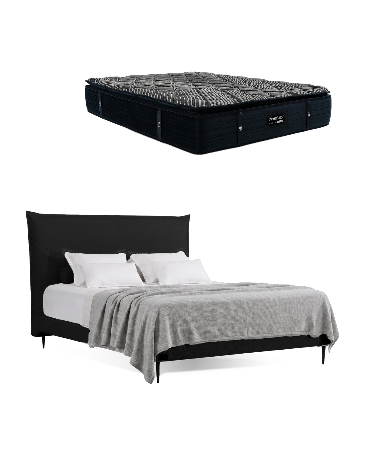 חבילת שינה מיטה זוגית Bed 1500 בריפוד שחור עם מזרן Black Double 5000, המזרן מוצג מעל מסגרת המיטה