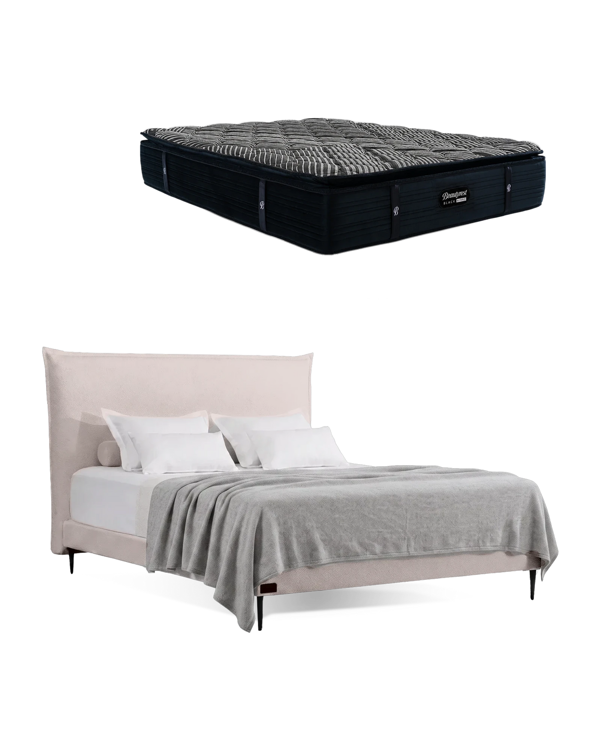 חבילת שינה מיטה זוגית Bed 1500 בריפוד שמנת עם מזרן Black Double 5000, המזרן מוצג מעל מסגרת המיטה