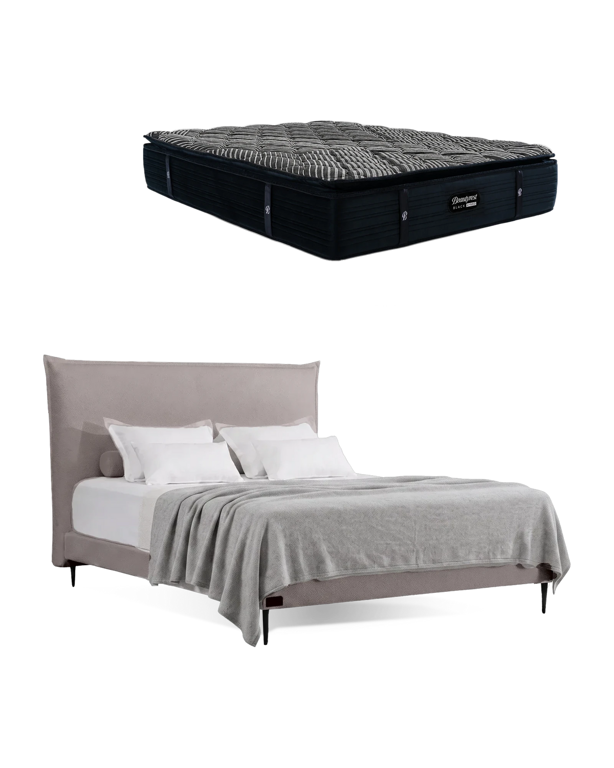 חבילת שינה מיטה זוגית Bed 1500 בריפוד אפור בהיר עם מזרן Black Double 5000, המזרן מוצג מעל מסגרת המיטה