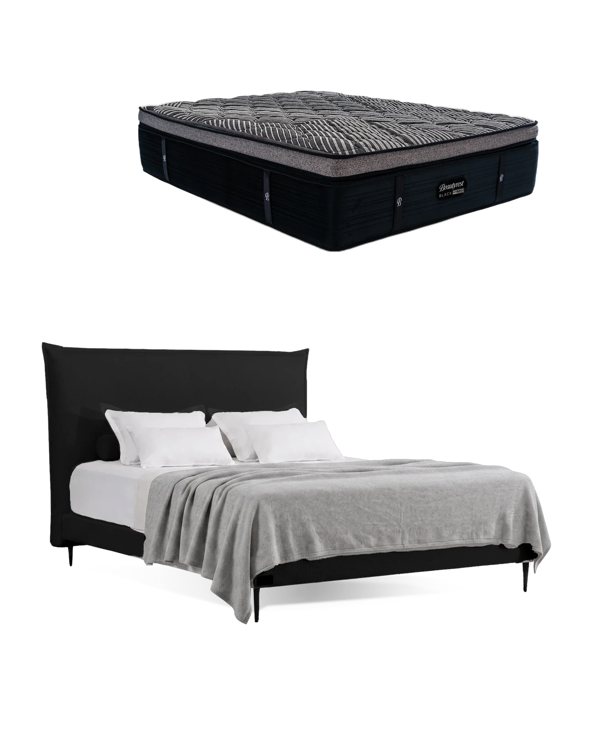 חבילת שינה מיטה זוגית Bed 1500 בריפוד שחור עם מזרן Black Double 6000, המזרן מוצג מעל מסגרת המיטה