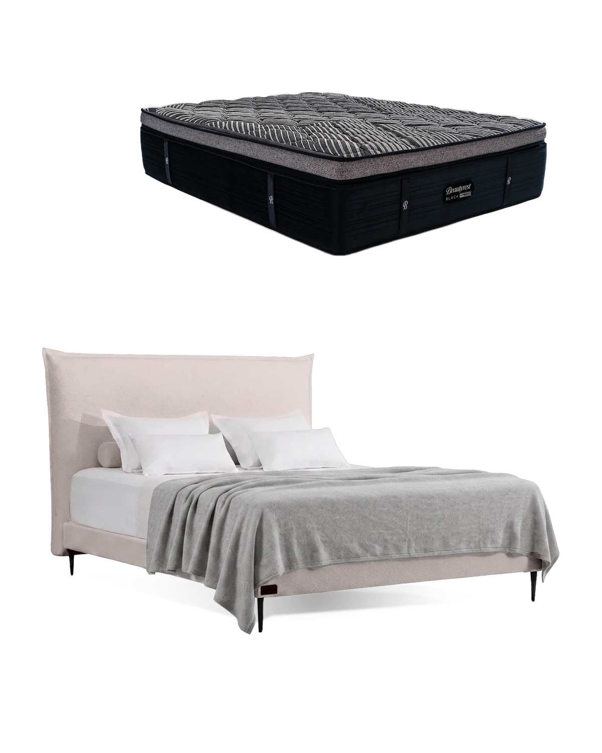 חבילת שינה מיטה זוגית Bed 1500 בריפוד שמנת עם מזרן Black Double 6000, המזרן מוצג מעל מסגרת המיטה