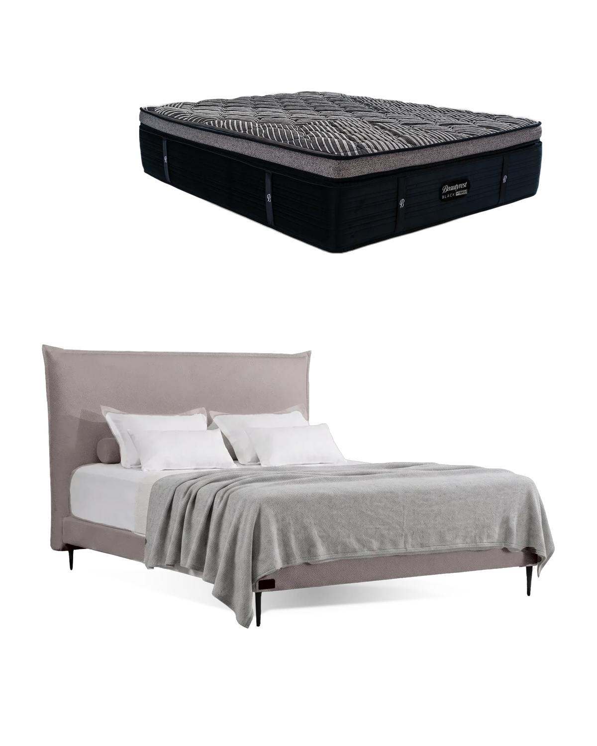 חבילת שינה מיטה זוגית Bed 1500 בריפוד אפור בהיר עם מזרן Black Double 6000, המזרן מוצג מעל מסגרת המיטה