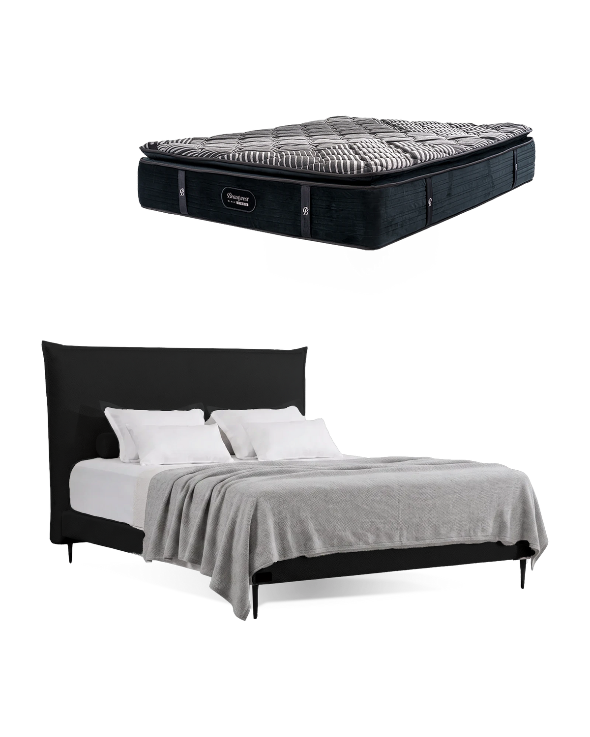 חבילת שינה מיטה זוגית Bed 1000 בריפוד שחור עם מזרן Black Hybrid, המזרן מוצג מעל מסגרת המיטה