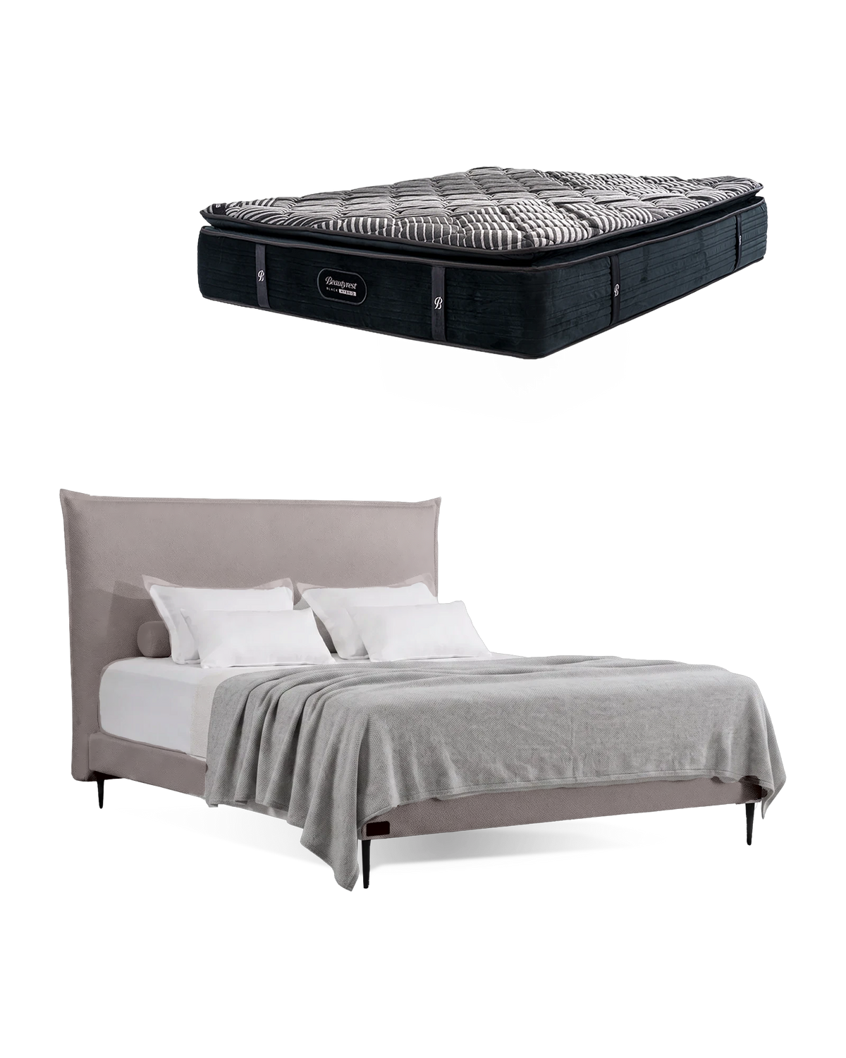 חבילת שינה מיטה זוגית Bed 1000 בריפוד אפור בהיר עם מזרן Black Hybrid, המזרן מוצג מעל מסגרת המיטה