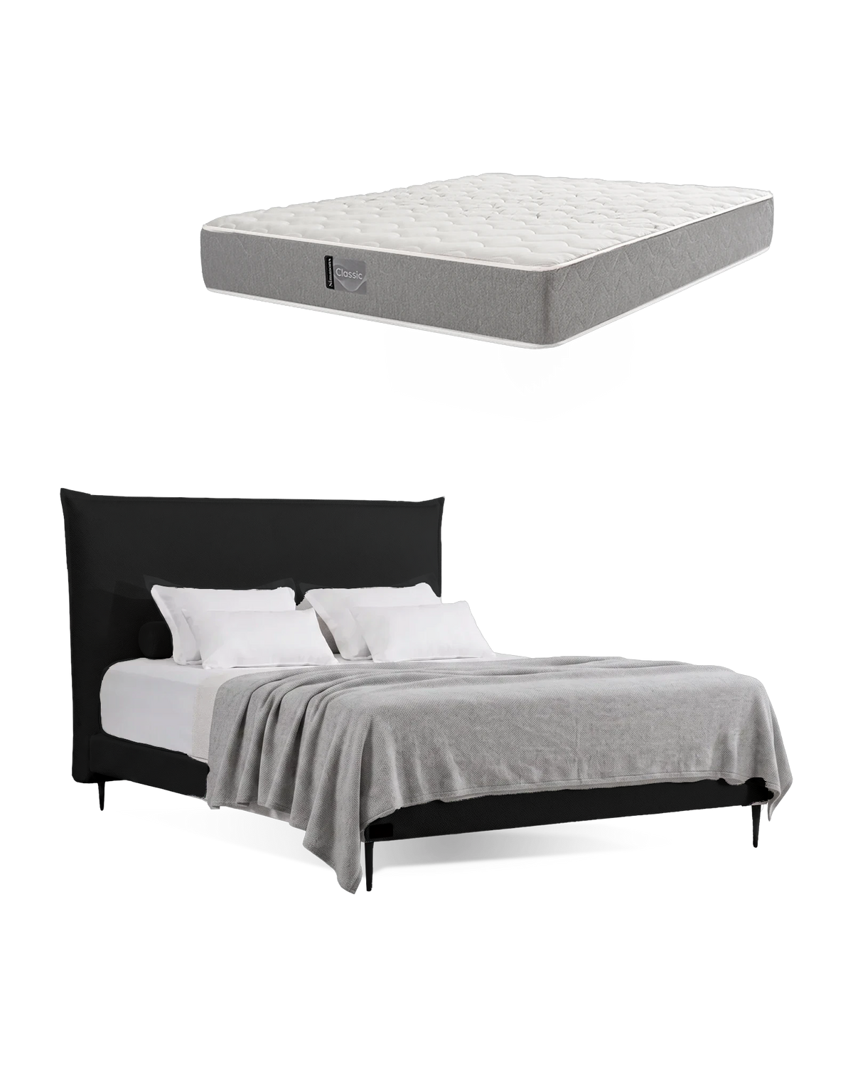 חבילת שינה מיטה זוגית Bed 1000 בריפוד שחור עם מזרן Classic, המזרן מוצג מעל מסגרת המיטה