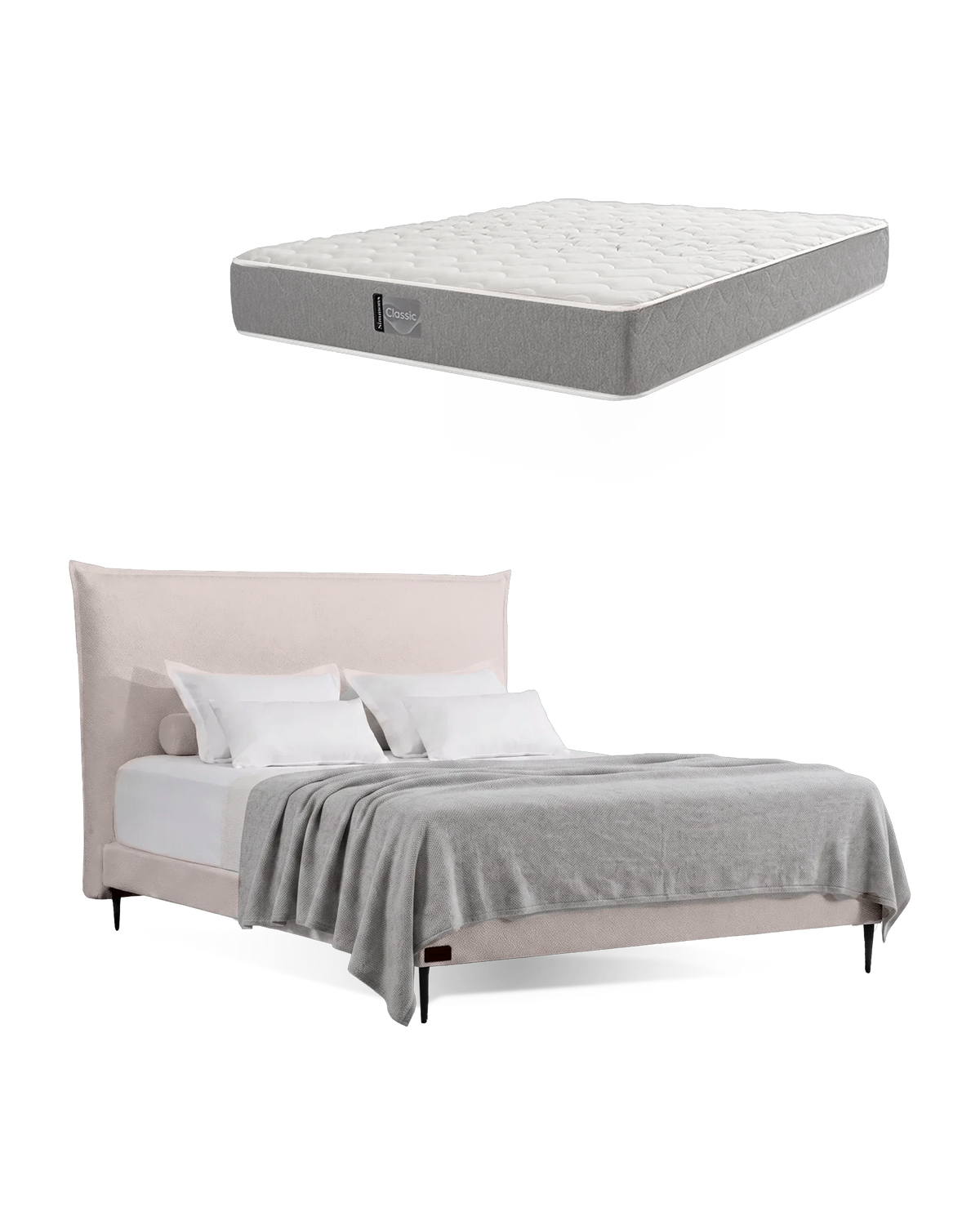 חבילת שינה מיטה זוגית Bed 1000 בריפוד שמנת עם מזרן Classic, המזרן מוצג מעל מסגרת המיטה