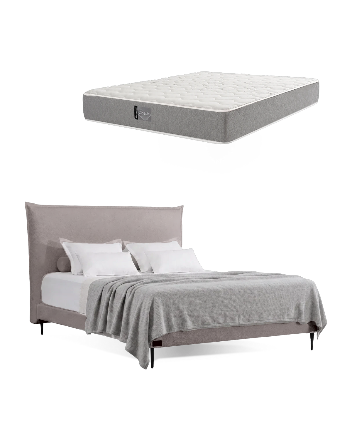 חבילת שינה מיטה זוגית Bed 1000 בריפוד אפור בהיר עם מזרן Classic, המזרן מוצג מעל מסגרת המיטה