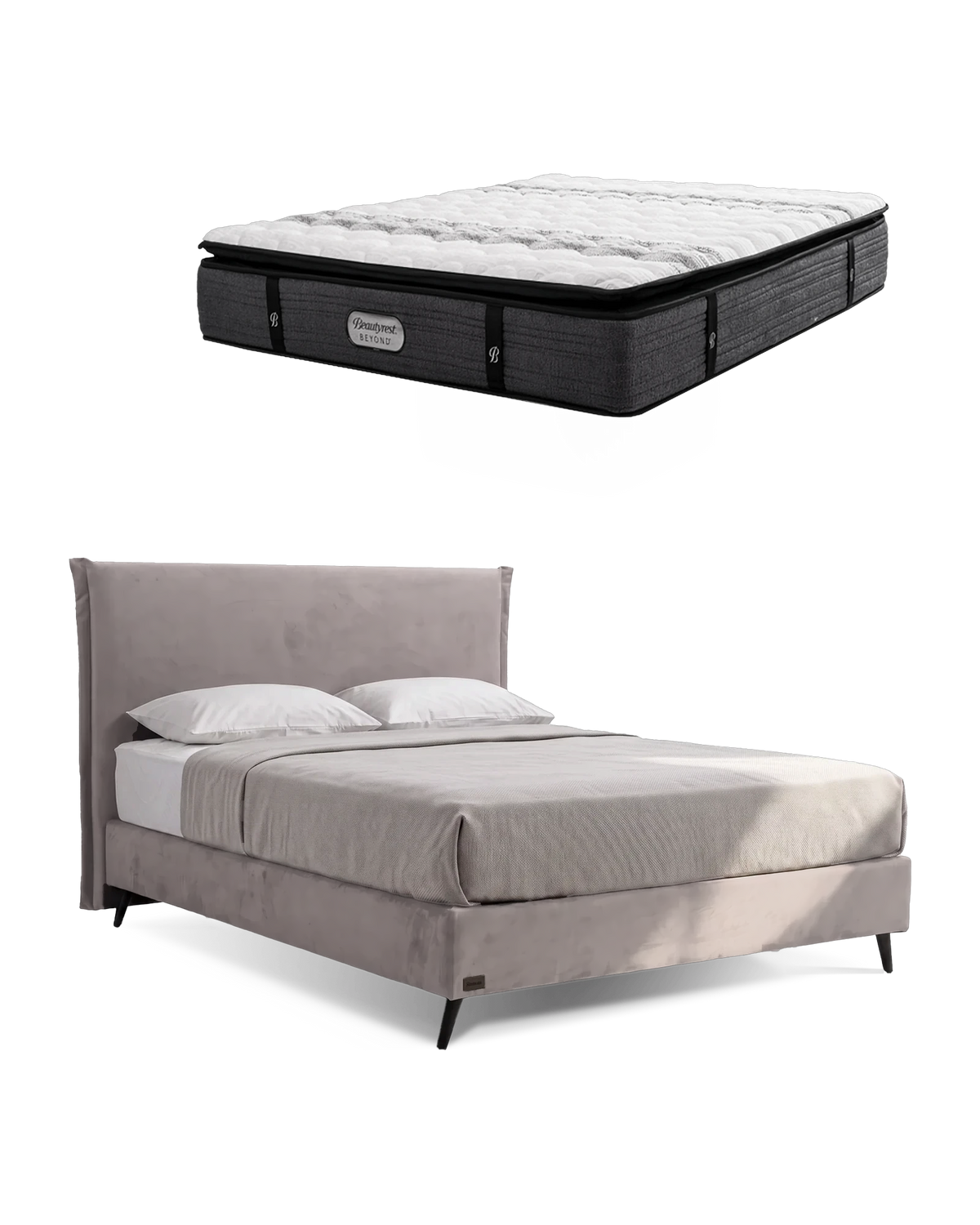 חבילת שינה מיטה זוגית Bed 1500 בריפוד אפור בהיר עם מזרן Beyond, המזרן מוצג מעל מסגרת המיטה