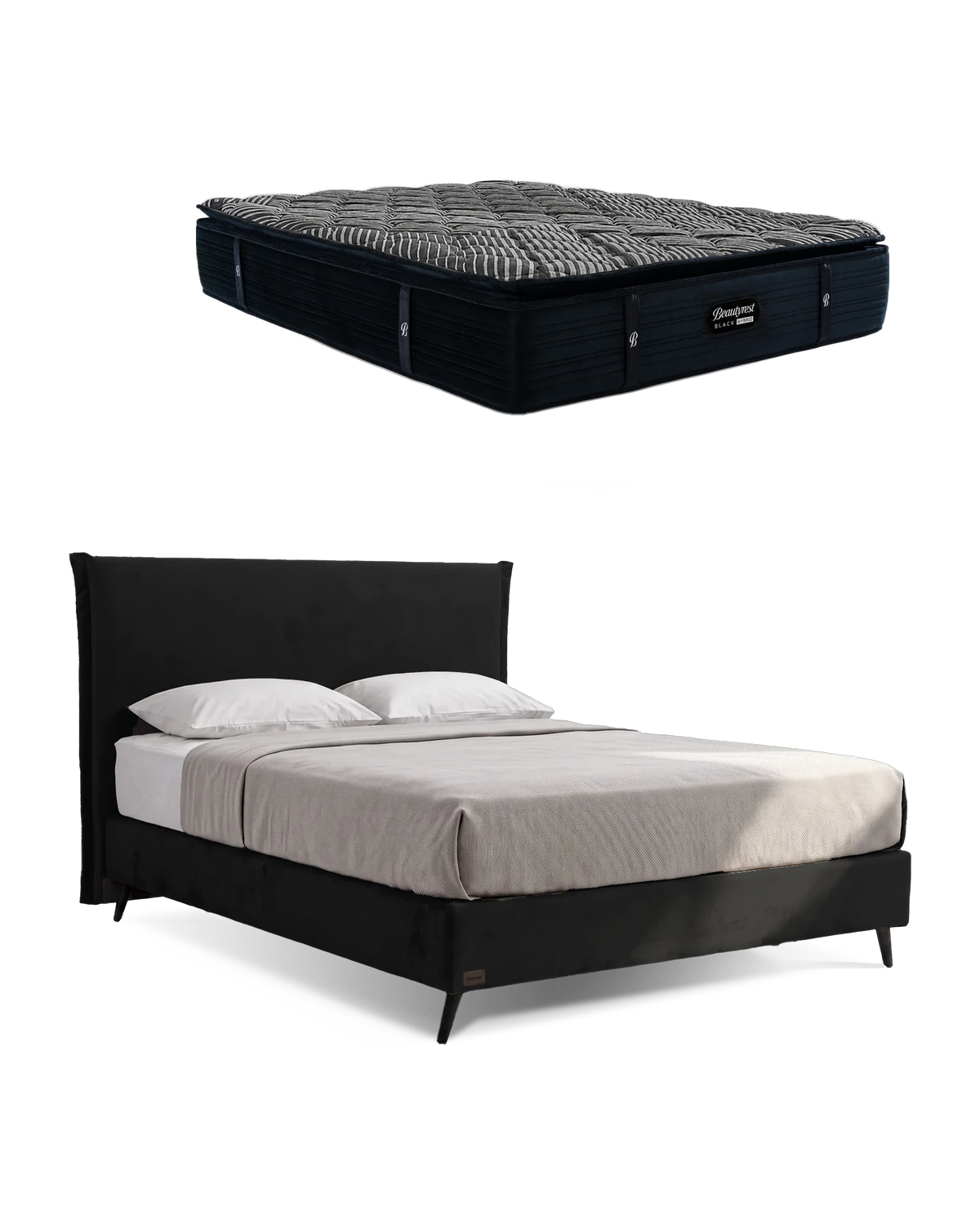 חבילת שינה מיטה זוגית Bed 1000 בריפוד שחור עם מזרן Black Double 5000, המזרן מוצג מעל מסגרת המיטה
