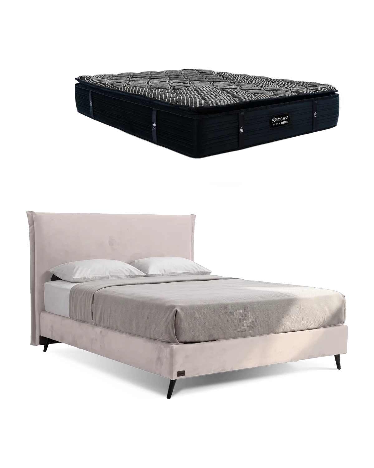חבילת שינה מיטה זוגית Bed 1000 בריפוד שמנת עם מזרן Black Double 5000, המזרן מוצג מעל מסגרת המיטה