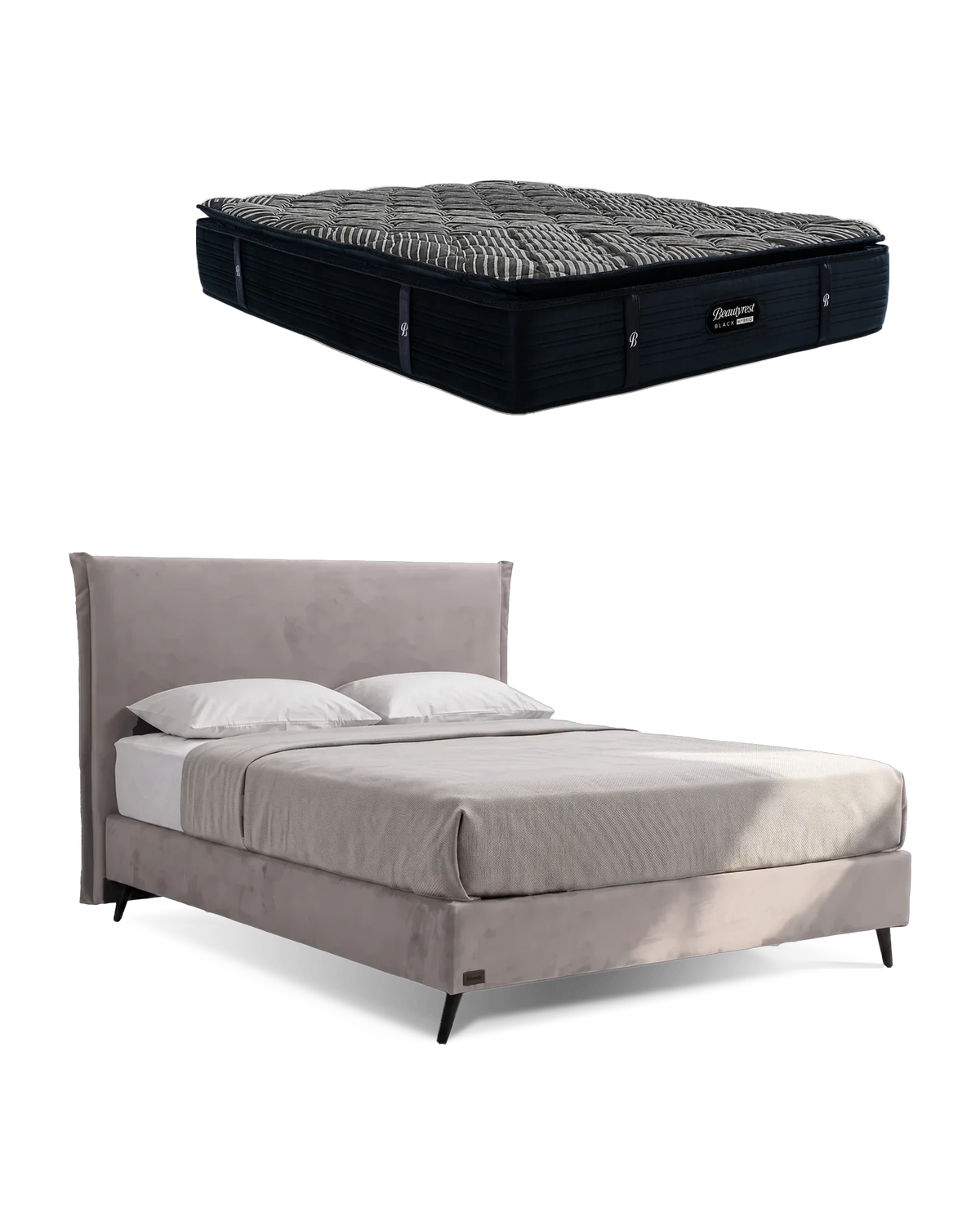 חבילת שינה מיטה זוגית Bed 1000 בריפוד אפור בהיר עם מזרן Black Double 5000, המזרן מוצג מעל מסגרת המיטה