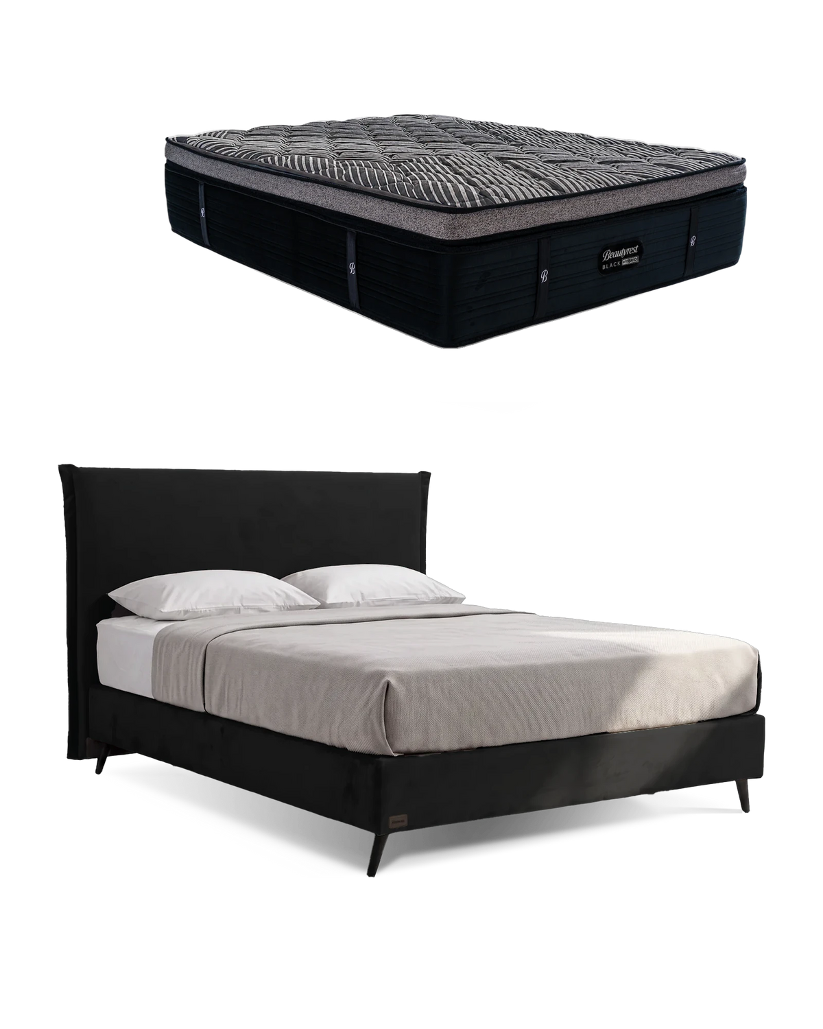 חבילת שינה מיטה זוגית Bed 1000 בריפוד שחור עם מזרן Black Double 6000, המזרן מוצג מעל מסגרת המיטה