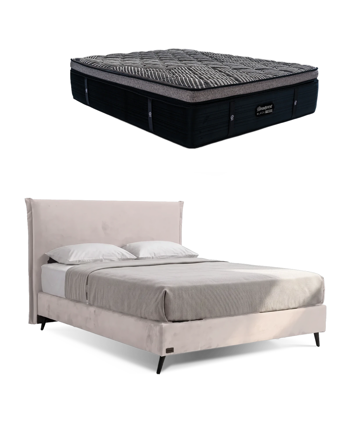 חבילת שינה מיטה זוגית Bed 1000 בריפוד שמנת עם מזרן Black Double 6000, המזרן מוצג מעל מסגרת המיטה