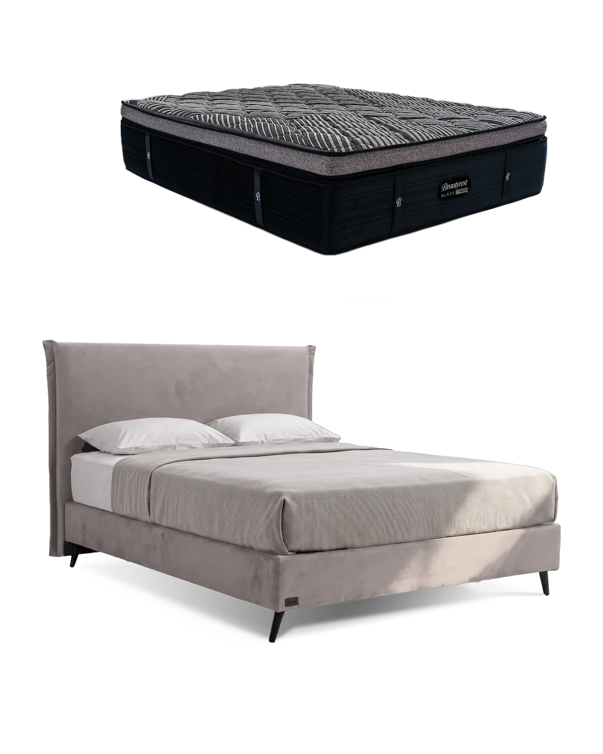 חבילת שינה מיטה זוגית Bed 1000 בריפוד אפור בהיר עם מזרן Black Double 6000, המזרן מוצג מעל מסגרת המיטה