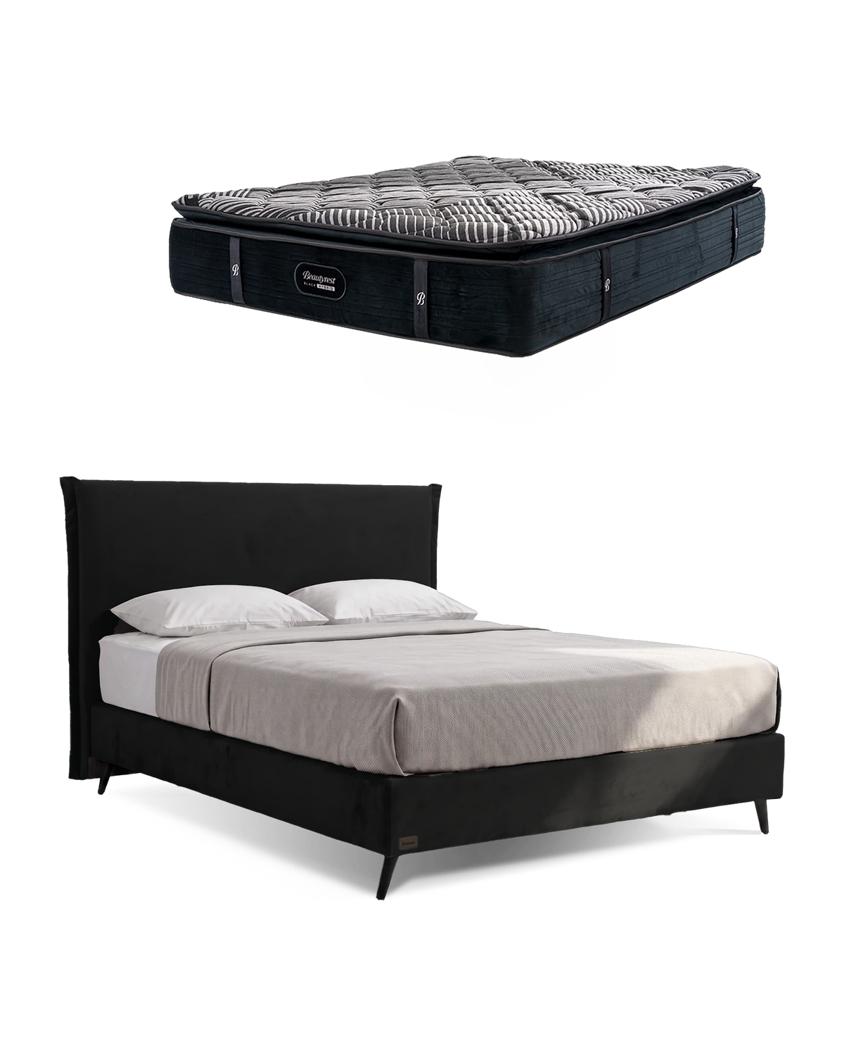 חבילת שינה מיטה זוגית Bed 1500 בריפוד שחור עם מזרן Black Hybrid, המזרן מוצג מעל מסגרת המיטה