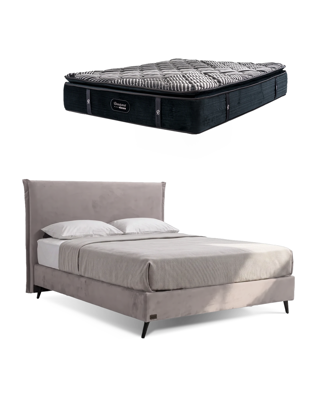 חבילת שינה מיטה זוגית Bed 1500 בריפוד אפור בהיר עם מזרן Black Hybrid, המזרן מוצג מעל מסגרת המיטה