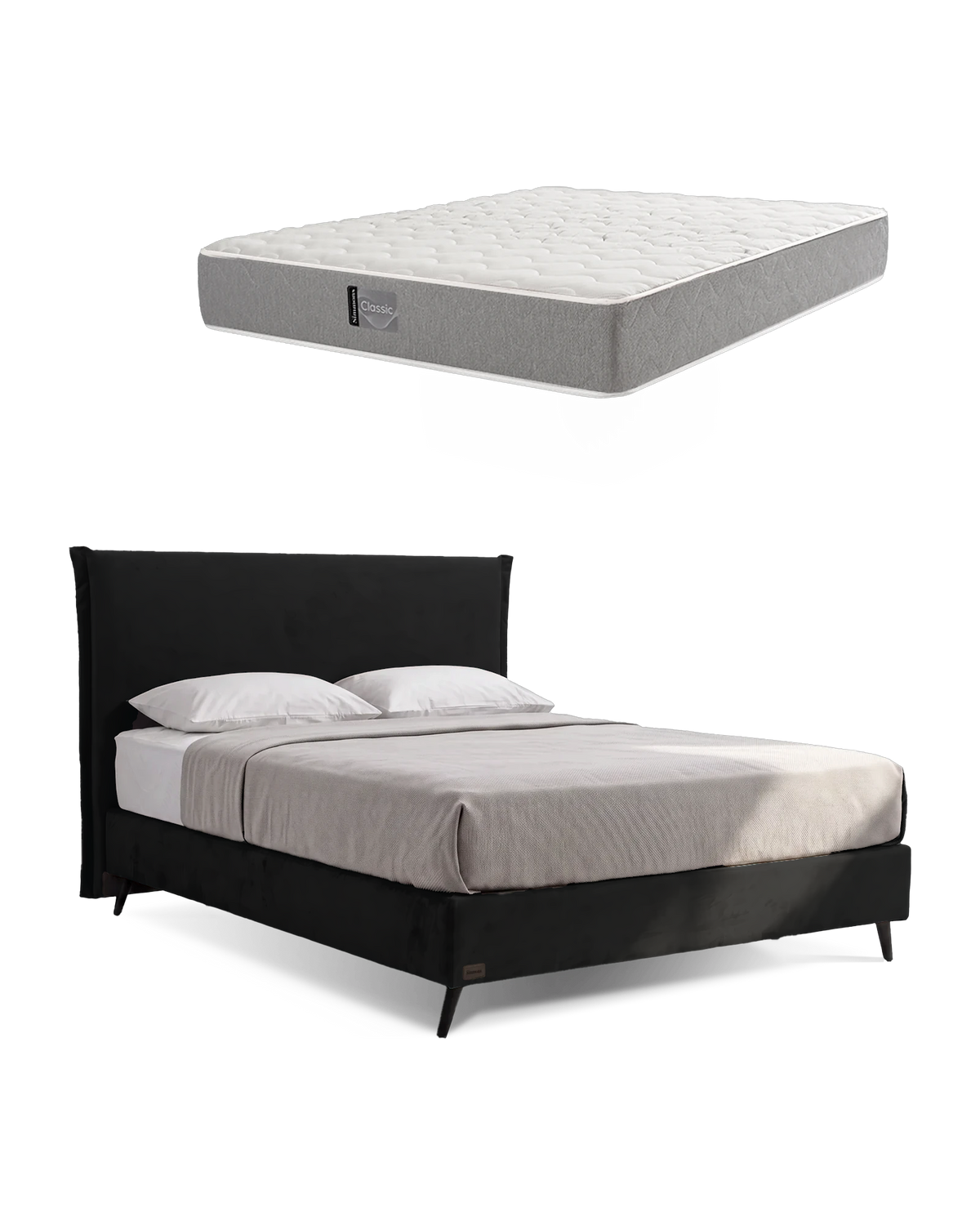 חבילת שינה מיטה זוגית Bed 1500 בריפוד שחור עם מזרן Classic, המזרן מוצג מעל מסגרת המיטה
